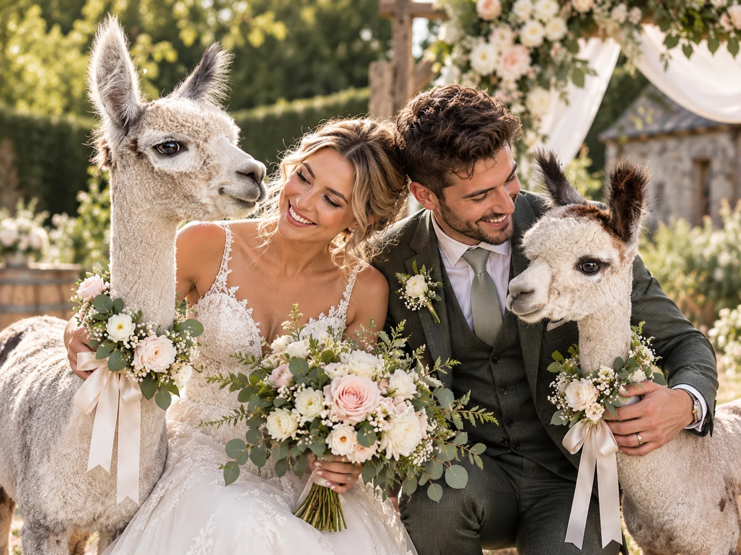 Two alpacas with a bride and groom at a wedding