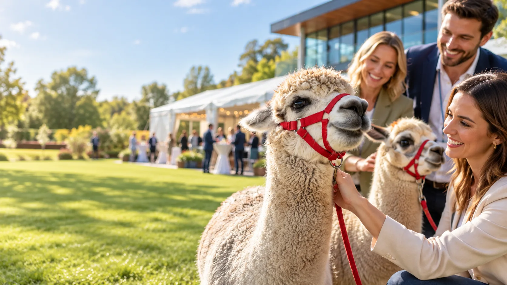 Alpacas meeting guests at an outdoor corporate event